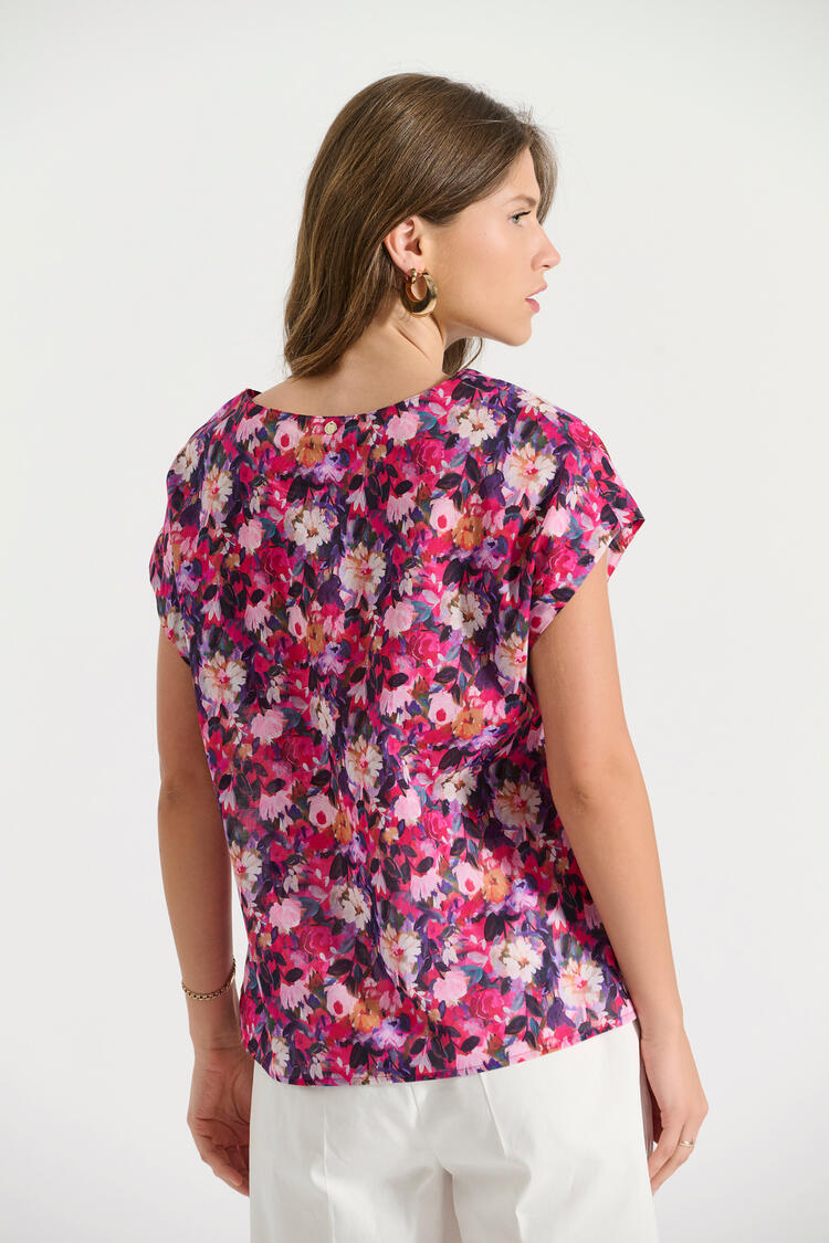 Cotton printed blouse with round neckline - Fuchsia S