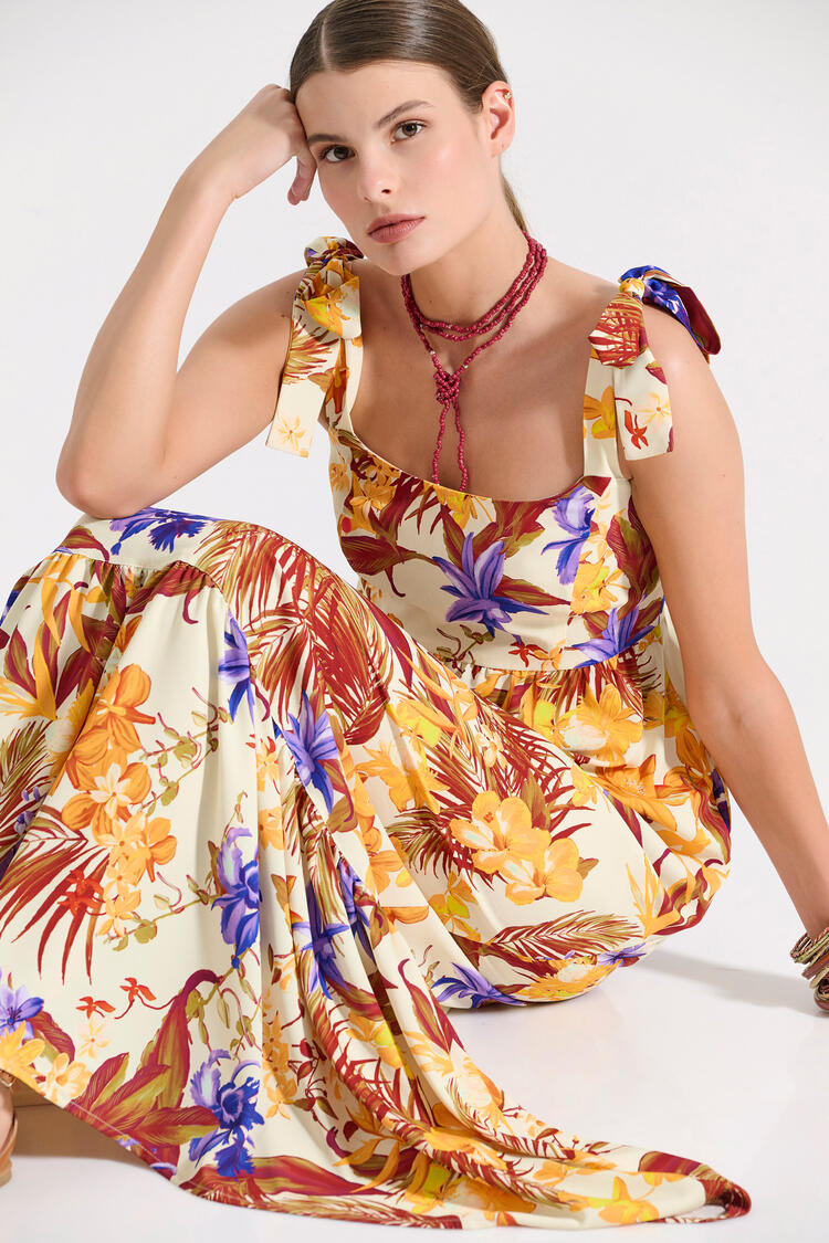 Maxi dress with tropical print and bow details on the shoulders - Orange S