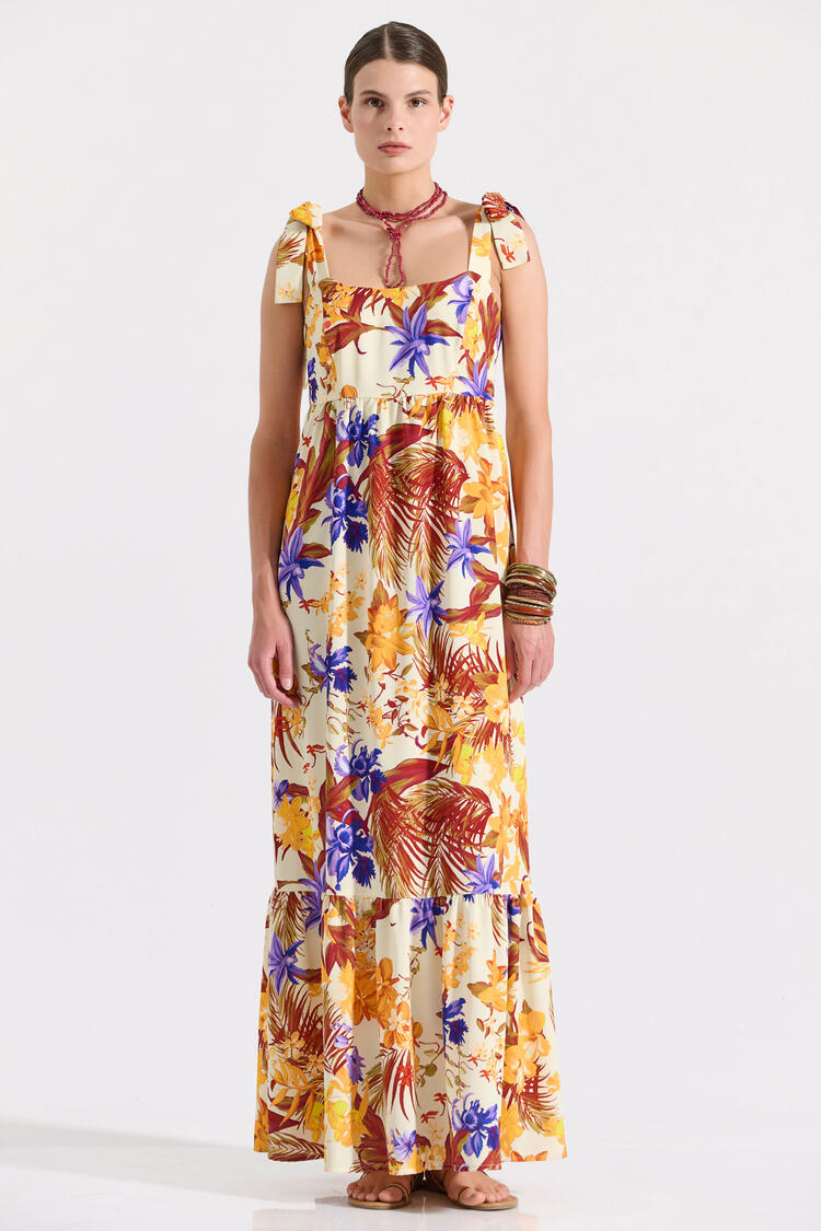 Maxi dress with tropical print and bow details on the shoulders - Orange S