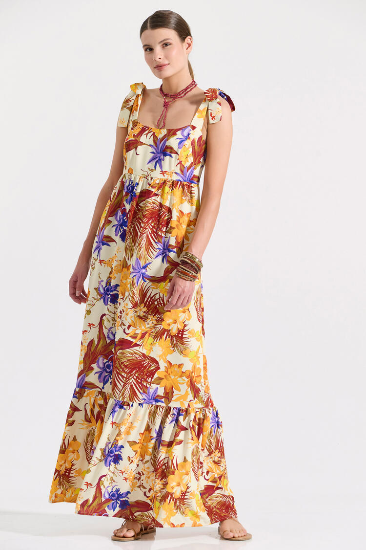 Maxi dress with tropical print and bow details on the shoulders - Orange S