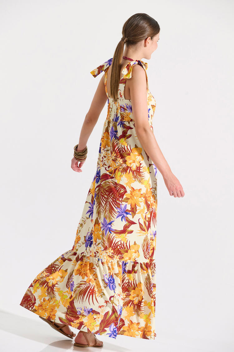 Maxi dress with tropical print and bow details on the shoulders - Orange S