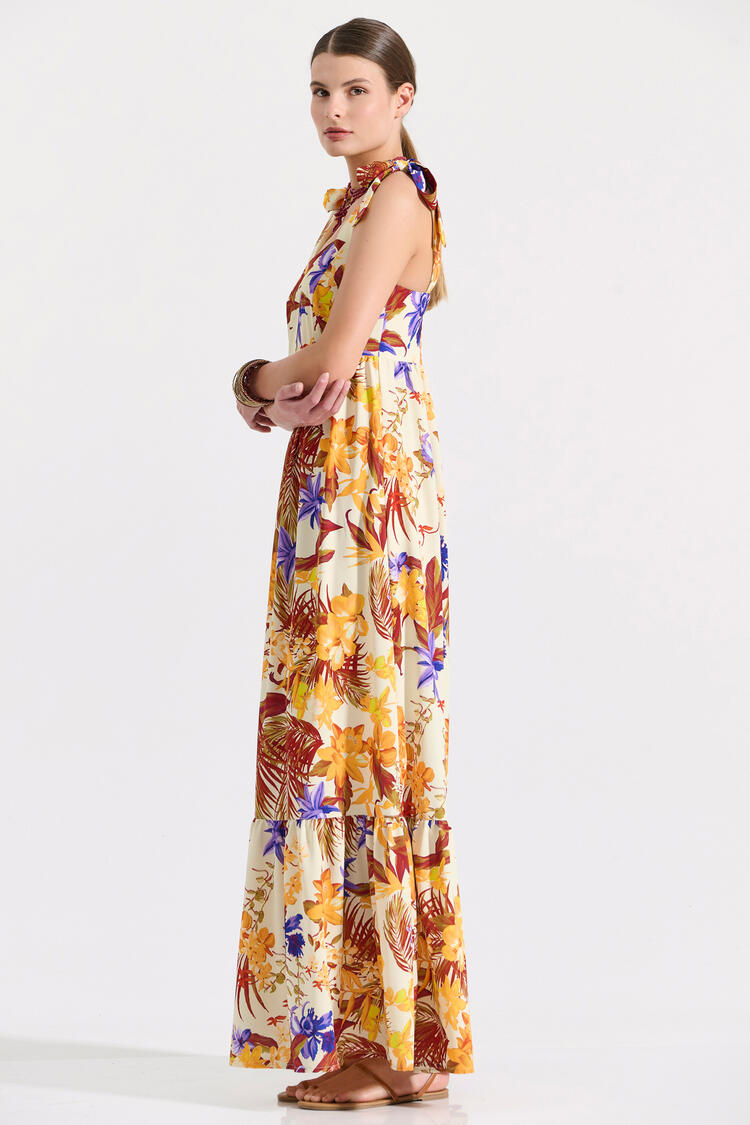 Maxi dress with tropical print and bow details on the shoulders - Orange S