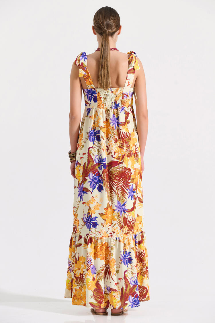 Maxi dress with tropical print and bow details on the shoulders - Orange S