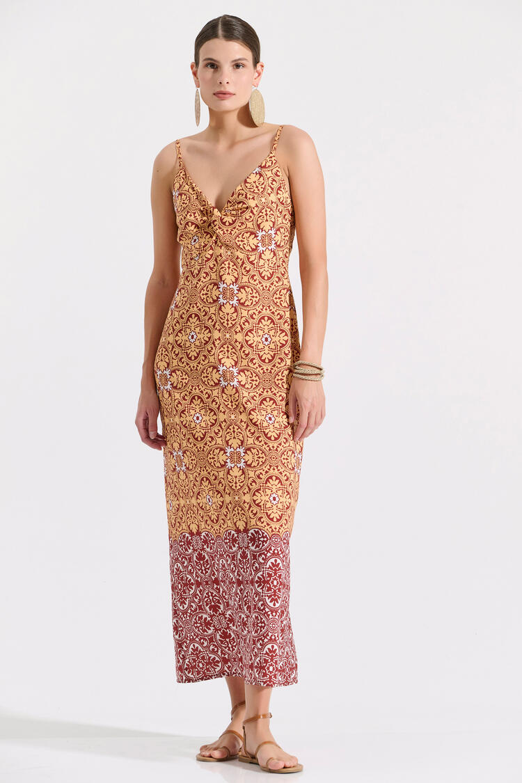 Midi dress with thin straps and ethnic print - YELLOW S