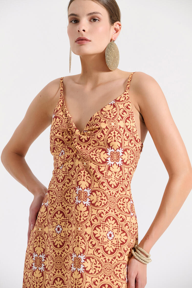 Midi dress with thin straps and ethnic print - YELLOW S