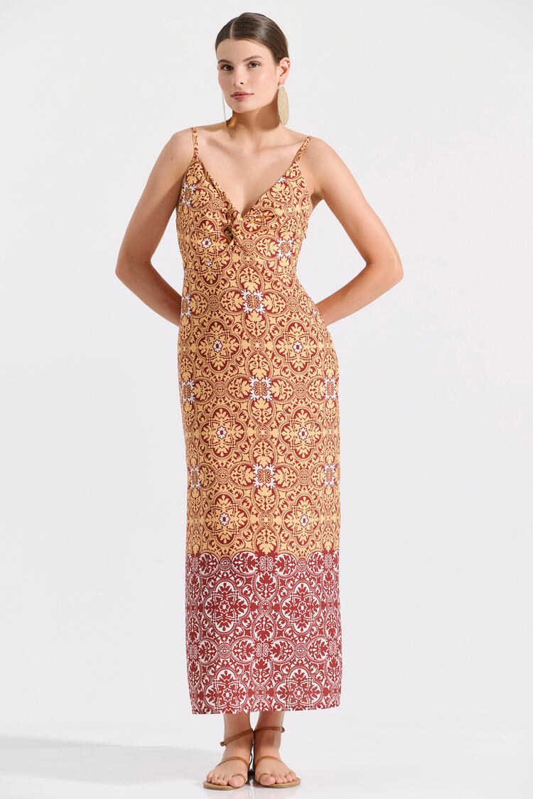 Midi dress with thin straps and ethnic print - YELLOW S