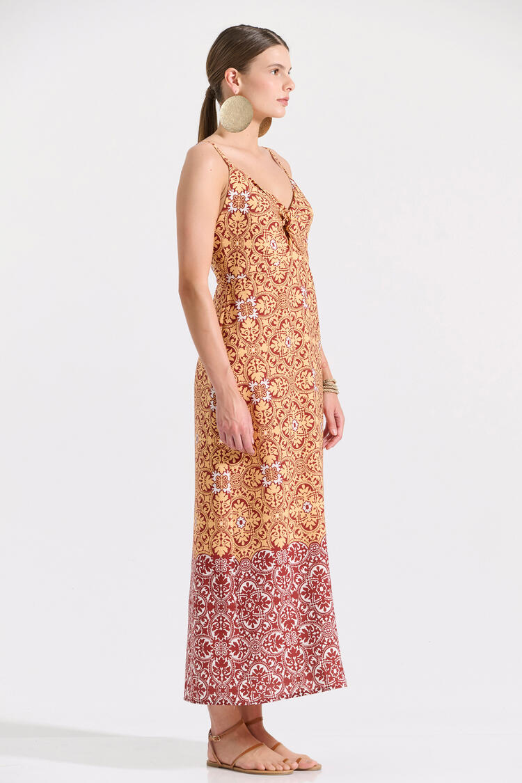 Midi dress with thin straps and ethnic print - YELLOW S