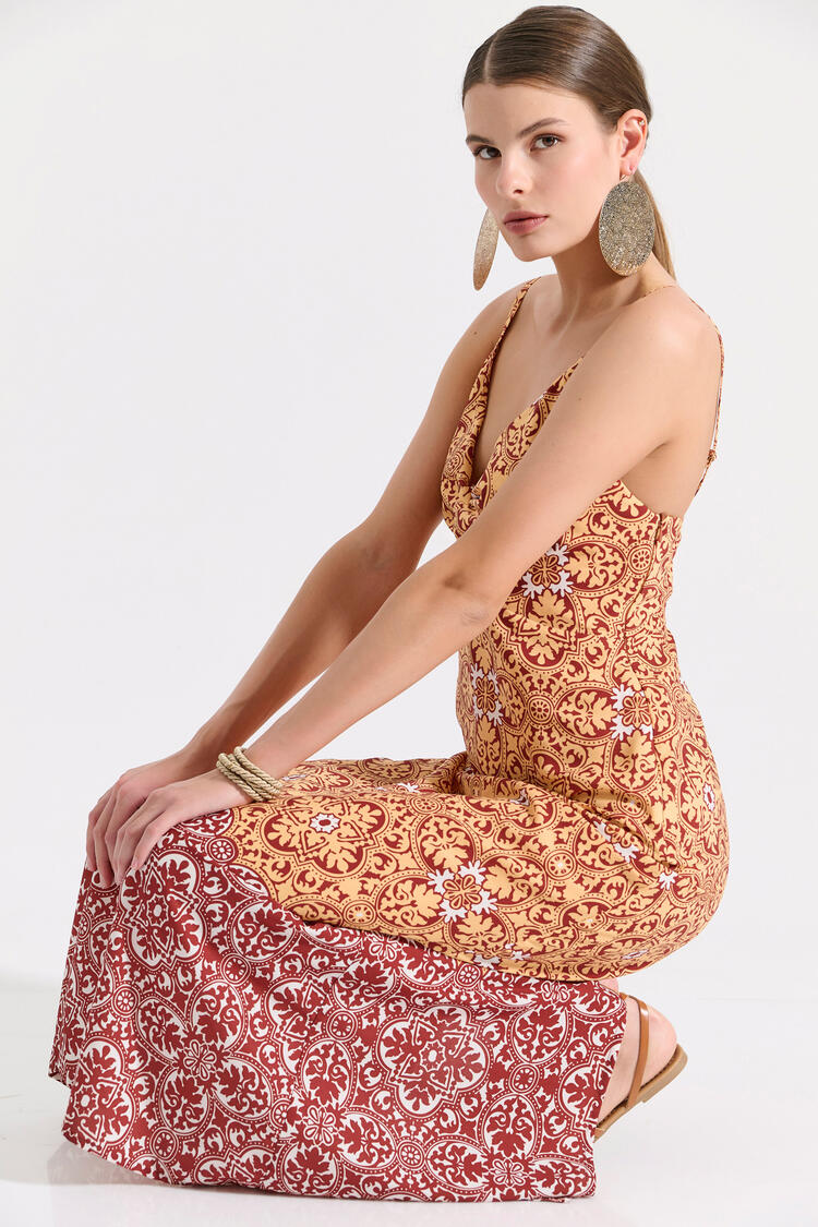 Midi dress with thin straps and ethnic print - YELLOW S