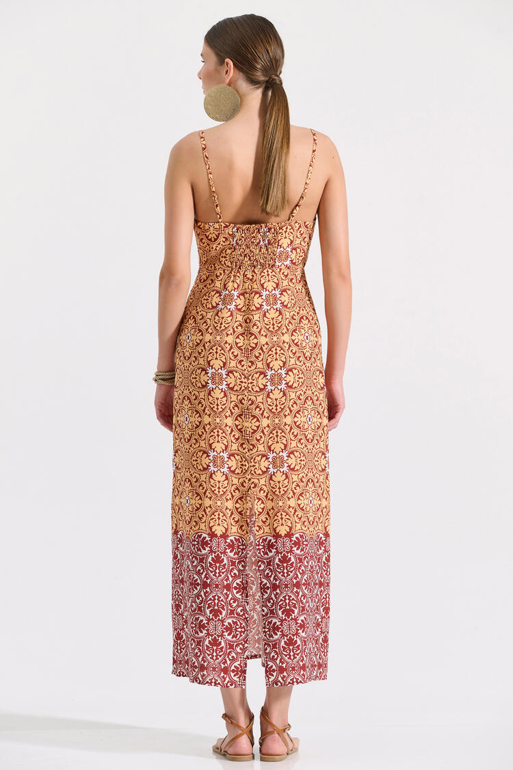 Midi dress with thin straps and ethnic print - YELLOW S