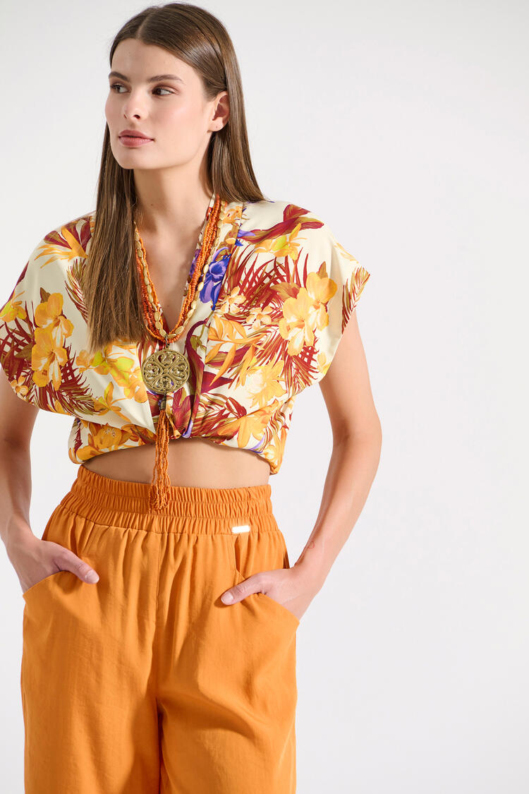 Short-sleeve blouse with tropical print - Orange S