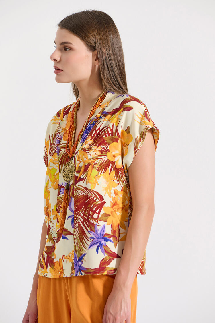 Short-sleeve blouse with tropical print - Orange S