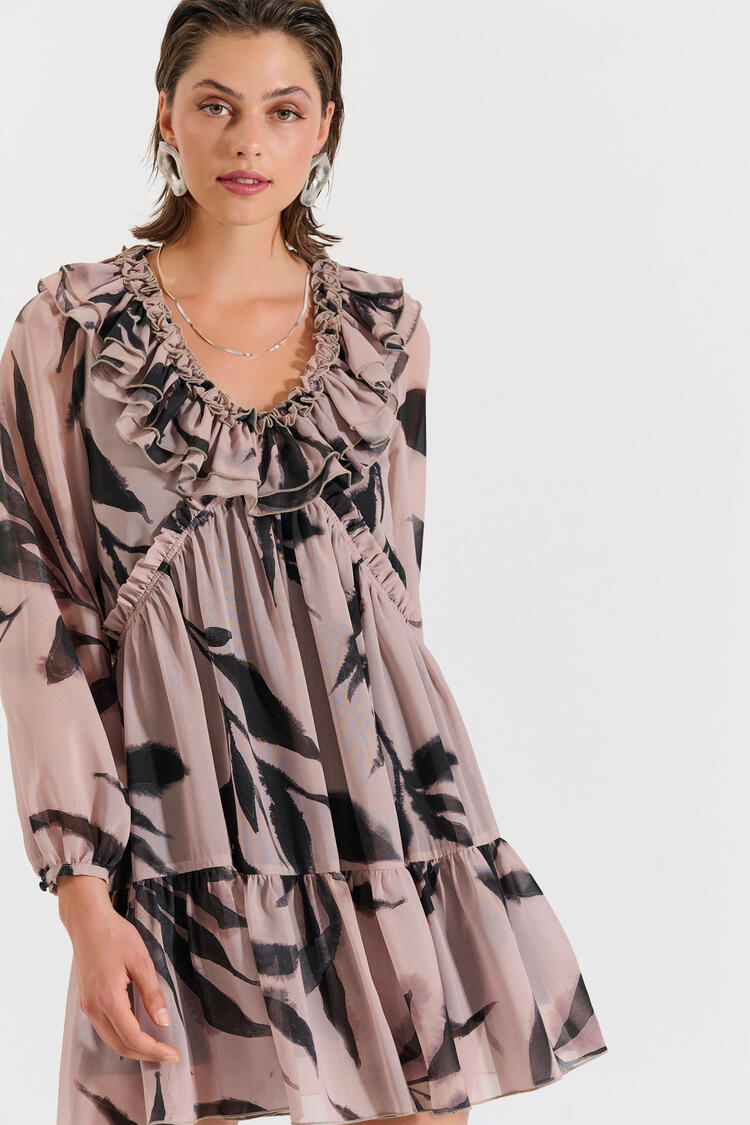 Printed mini dress with ruffles - Beige M