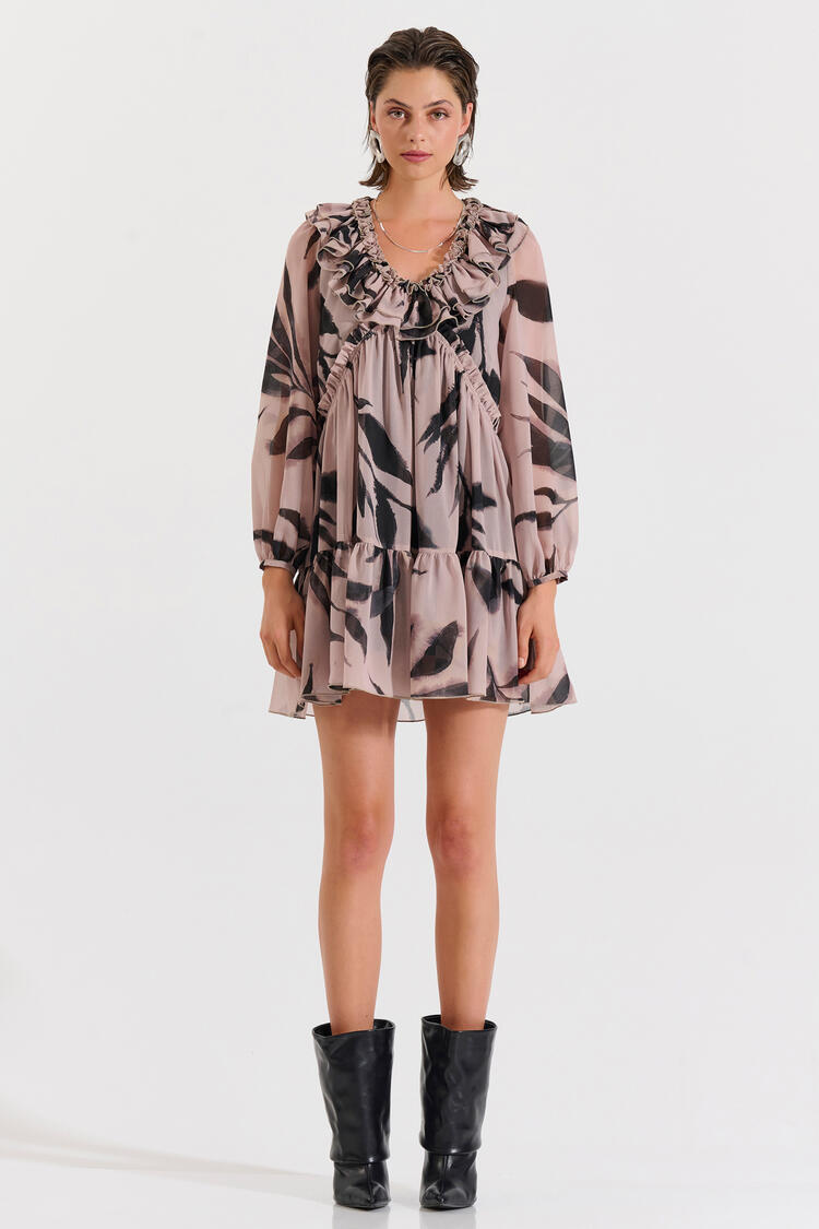 Printed mini dress with ruffles - Beige M