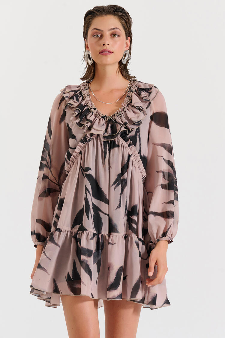 Printed mini dress with ruffles - Beige M