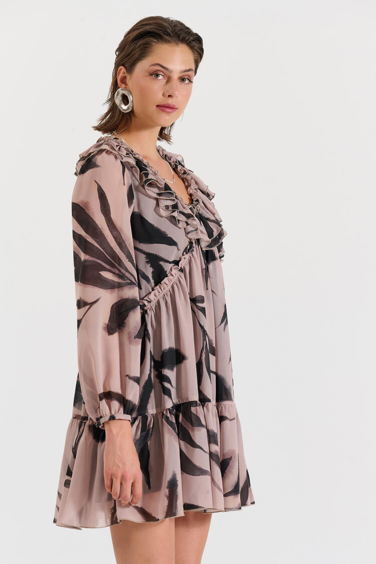 Printed mini dress with ruffles - Beige M