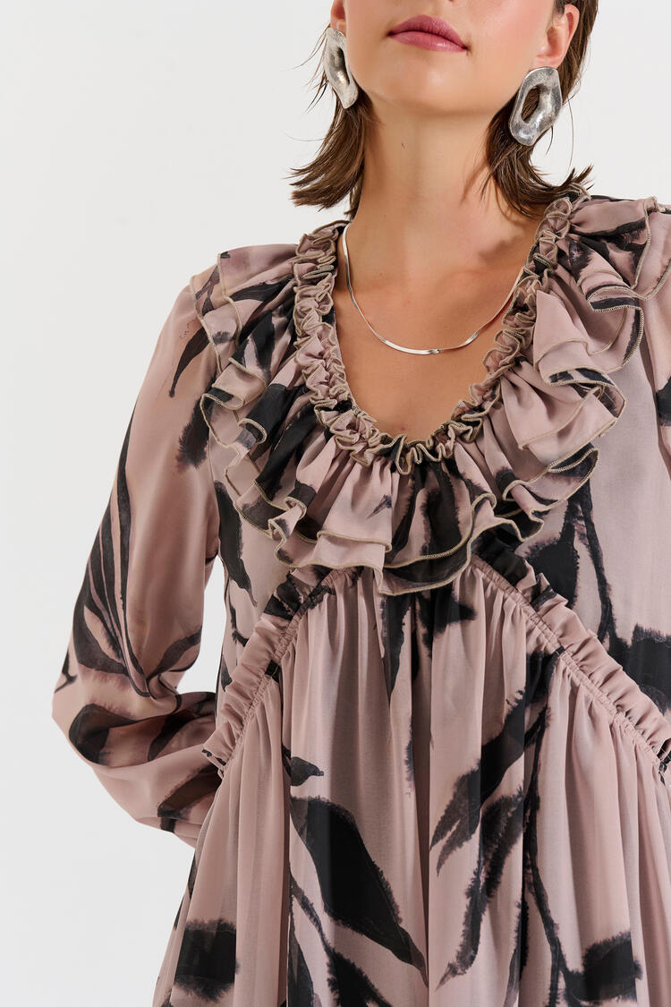 Printed mini dress with ruffles - Beige M