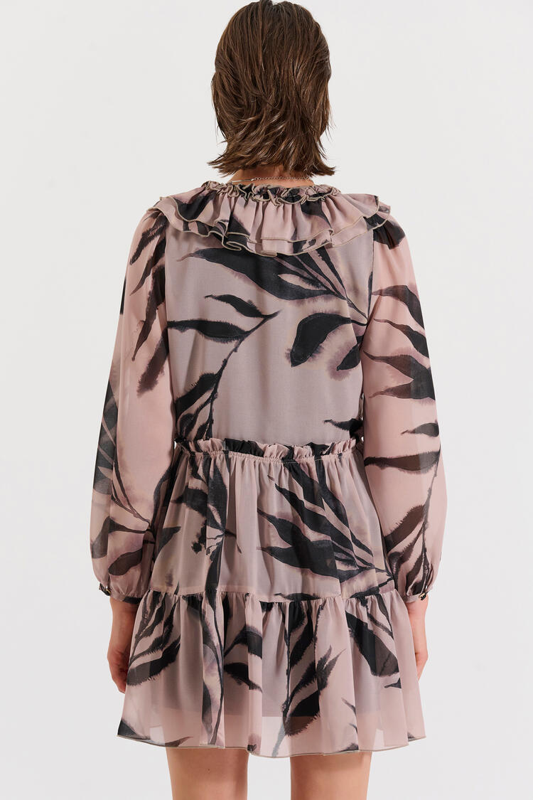 Printed mini dress with ruffles - Beige M