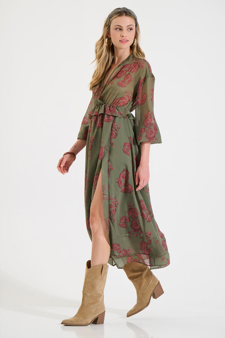 Long Printed Dress with Ruffles - Chaki M