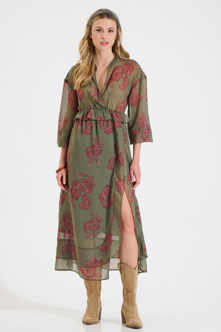 Long Printed Dress with Ruffles - Chaki M