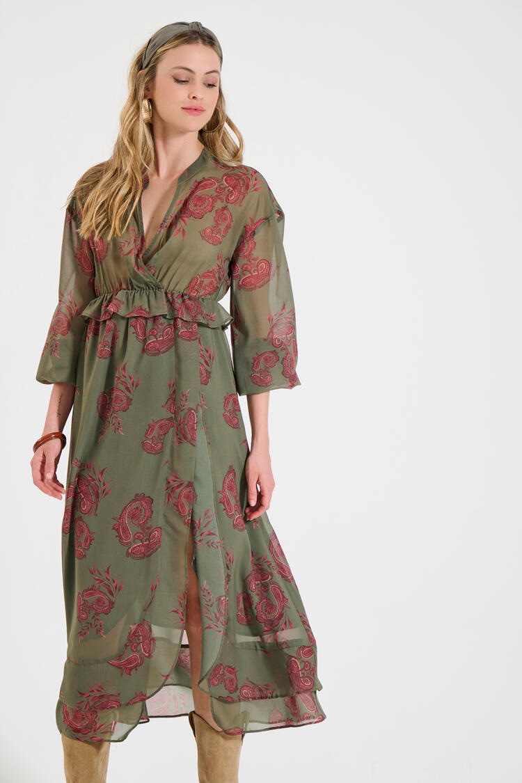 Long Printed Dress with Ruffles - Chaki M