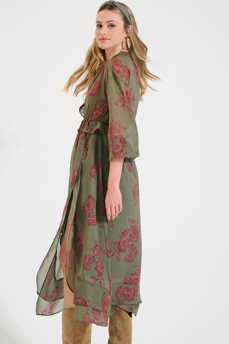 Long Printed Dress with Ruffles - Chaki M