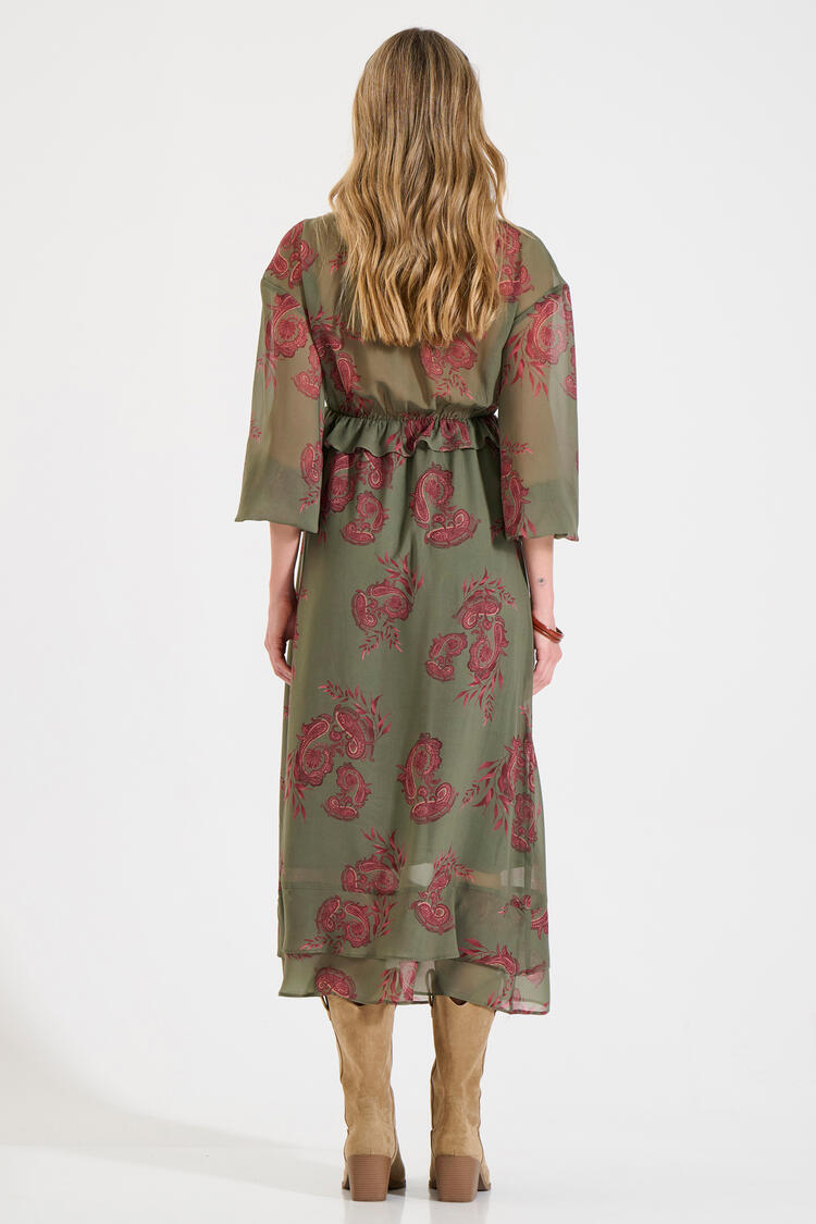 Long Printed Dress with Ruffles - Chaki M