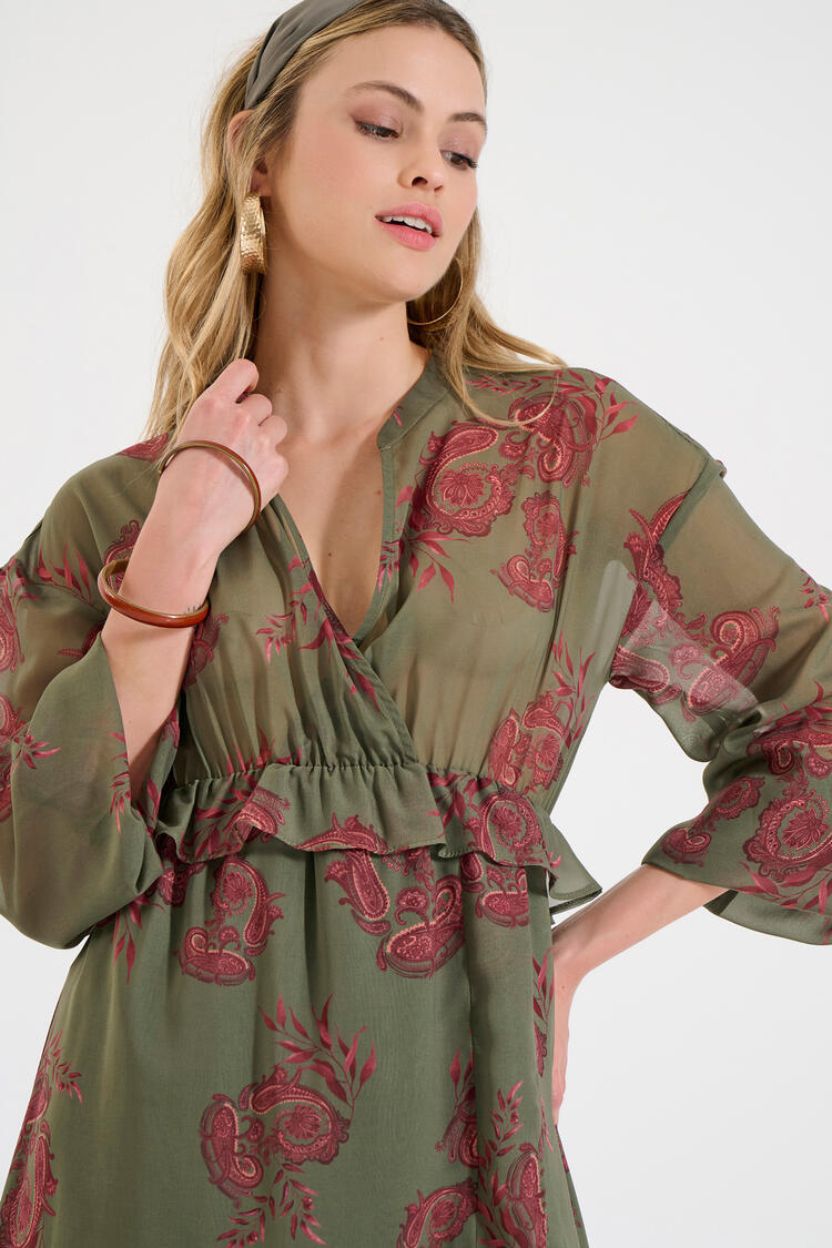 Long Printed Dress with Ruffles - Chaki M