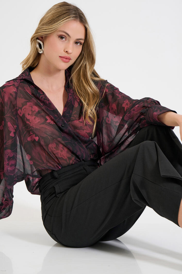 Printed Bodysuit Shirt with Long Sleeves - Burgundy M/L