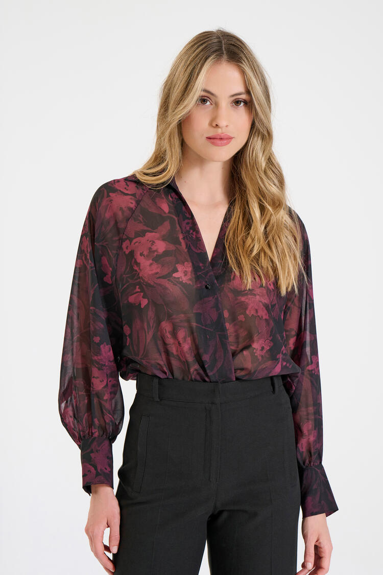 Printed Bodysuit Shirt with Long Sleeves - Burgundy M/L