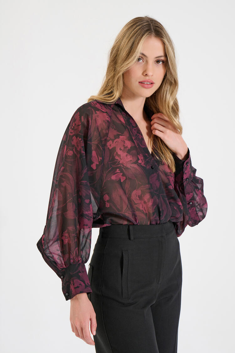 Printed Bodysuit Shirt with Long Sleeves - Burgundy M/L