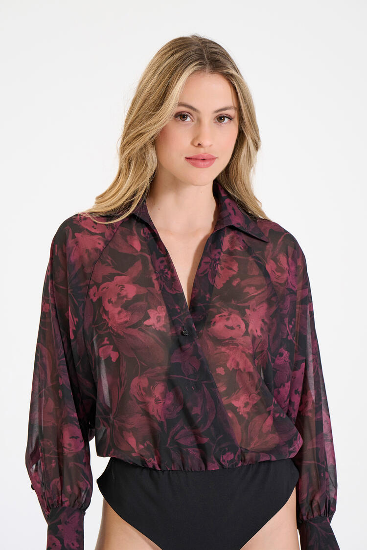 Printed Bodysuit Shirt with Long Sleeves - Burgundy M/L