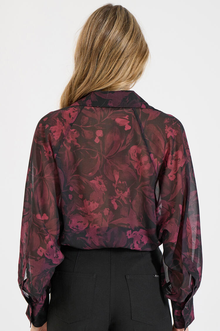Printed Bodysuit Shirt with Long Sleeves - Burgundy M/L