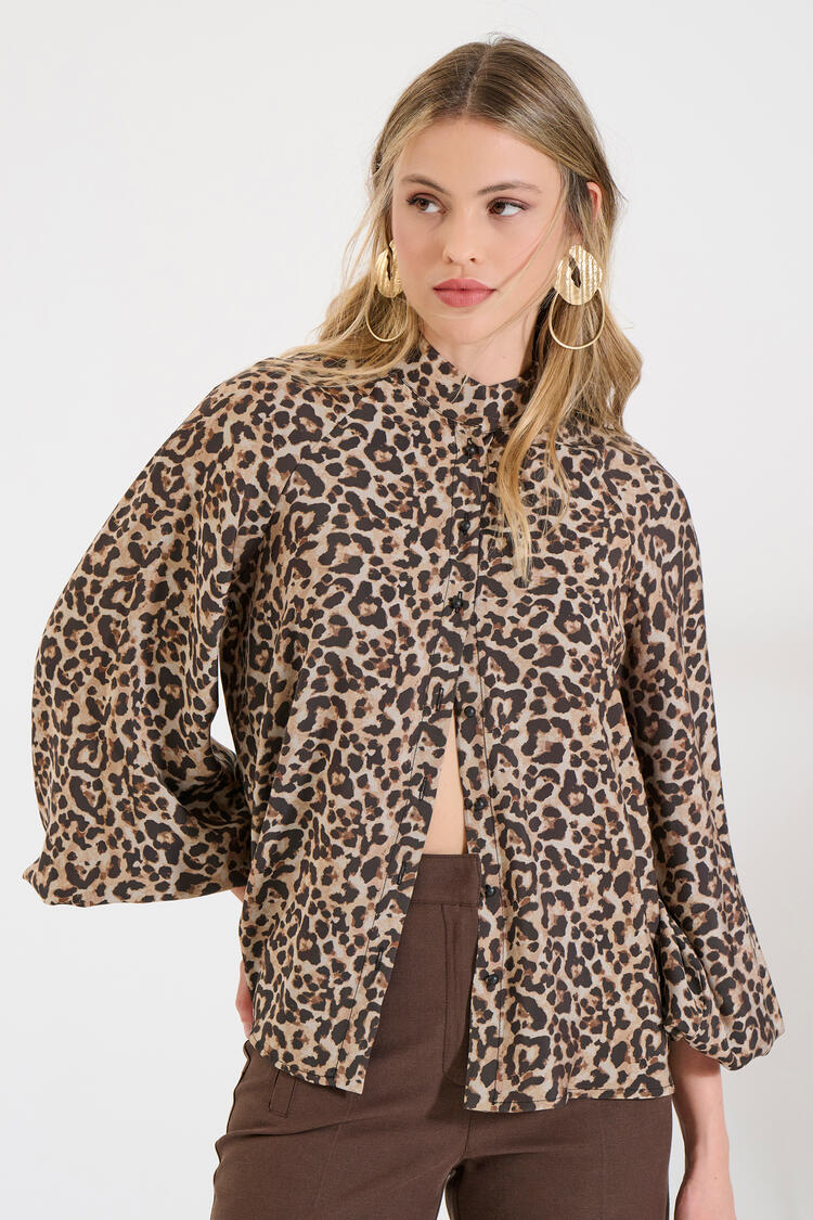 Shirt with animal print and mao collar - Brown M