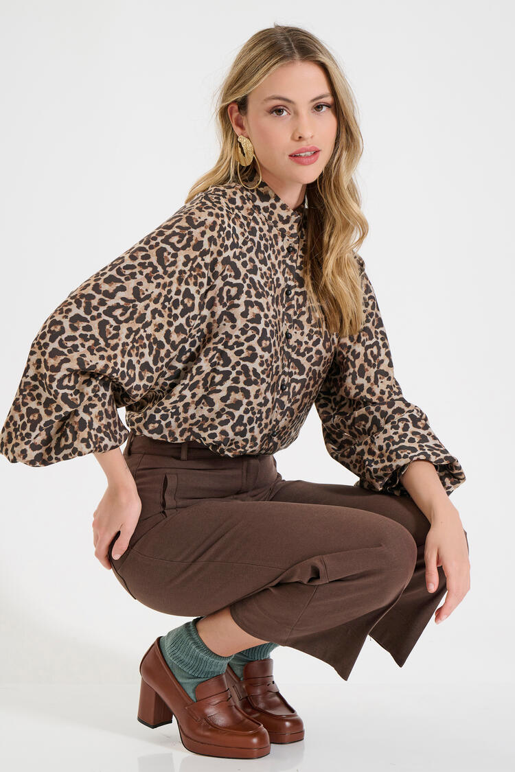 Shirt with animal print and mao collar - Brown M