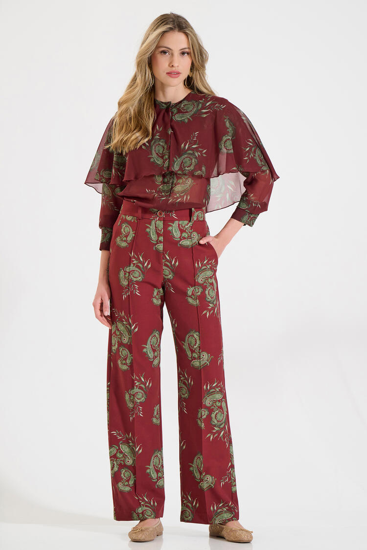 Printed Straight-Leg Trousers with Pockets - Burgundy M