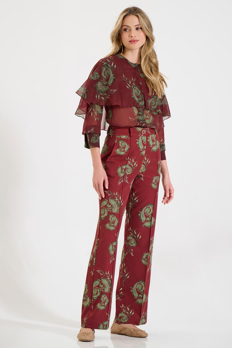Printed Straight-Leg Trousers with Pockets - Burgundy M