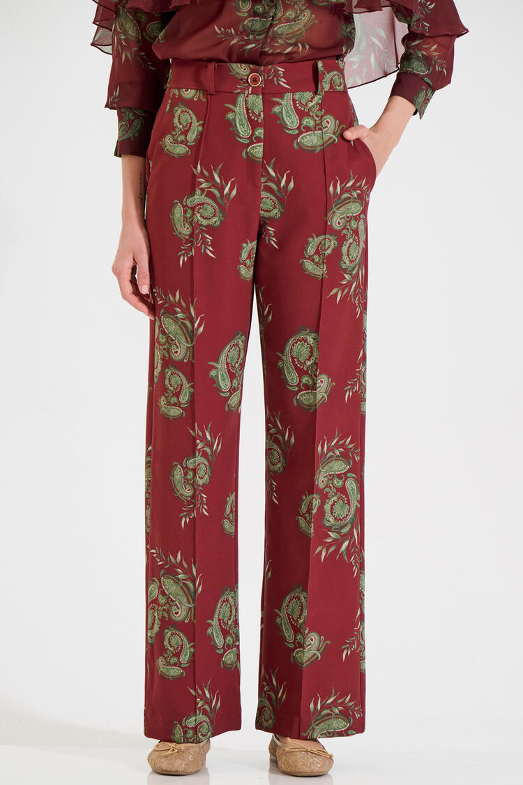Printed Straight-Leg Trousers with Pockets - Burgundy M