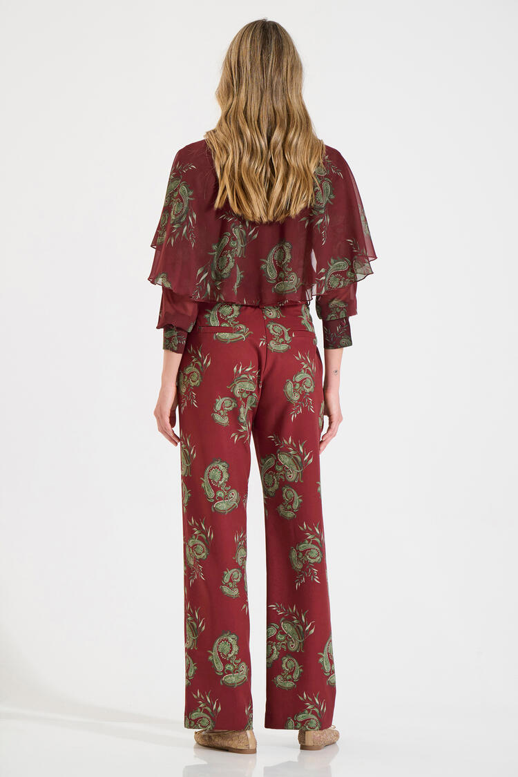 Printed Straight-Leg Trousers with Pockets - Burgundy M
