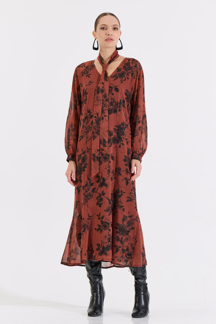 Long Printed Dress with Belt - Brown XL