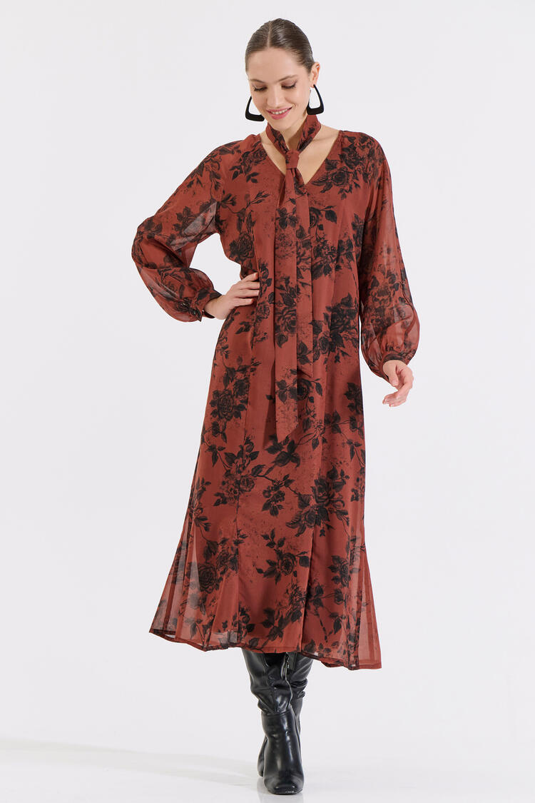 Long Printed Dress with Belt - Brown XL