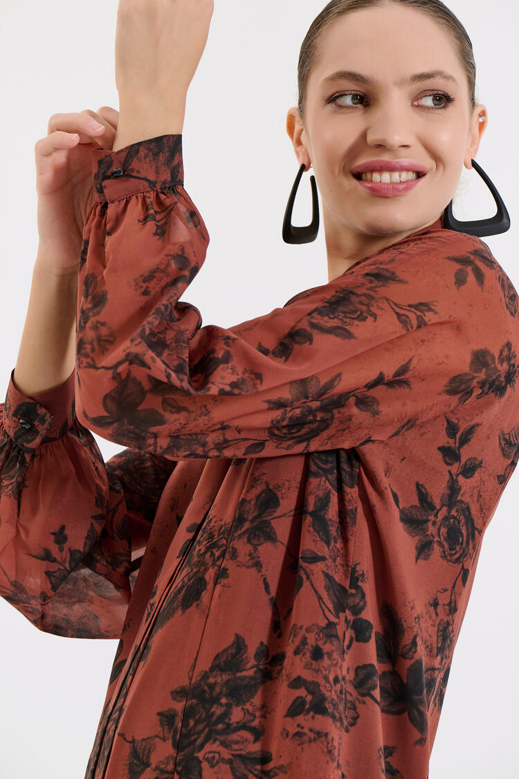 Long Printed Dress with Belt - Brown XL