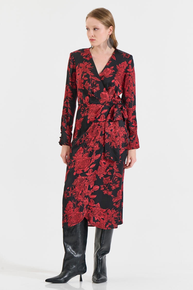  Wrap Dress with Red Floral Print - Red S