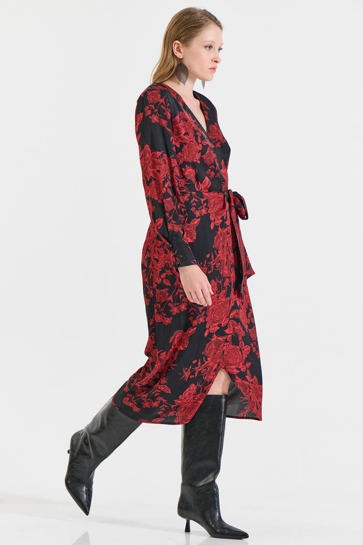 Wrap Dress with Red Floral Print - Red S