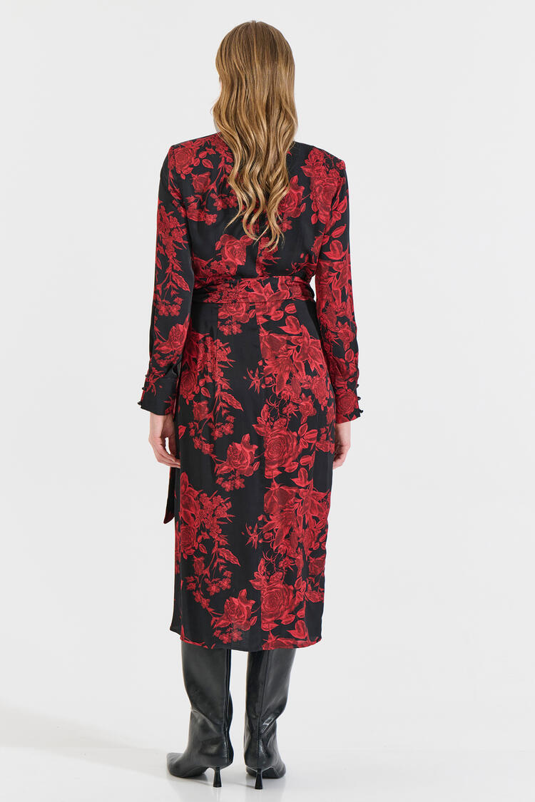  Wrap Dress with Red Floral Print - Red S