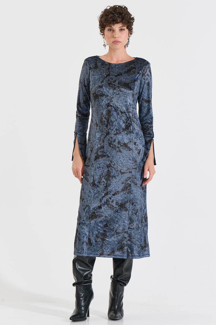 Velvet Dress with Paisley Pattern - Blue M