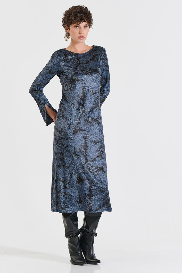 Velvet Dress with Paisley Pattern - Blue M