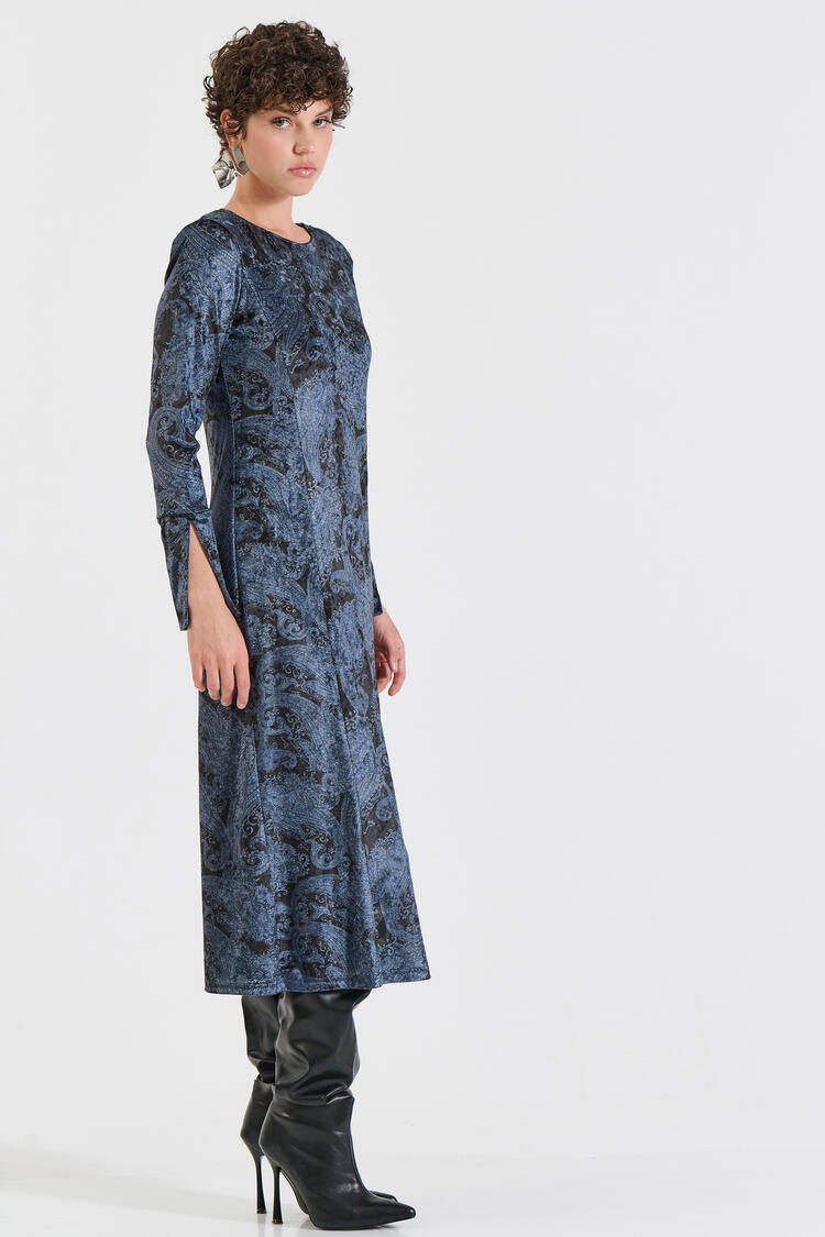 Velvet Dress with Paisley Pattern - Blue M