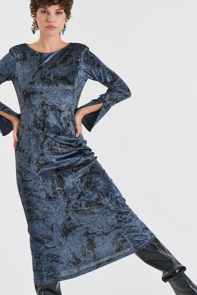 Velvet Dress with Paisley Pattern - Blue M
