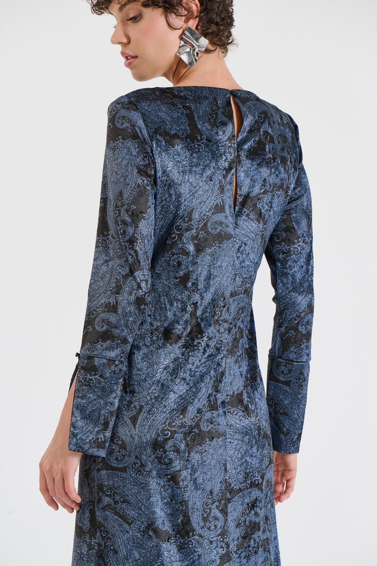 Velvet Dress with Paisley Pattern - Blue M