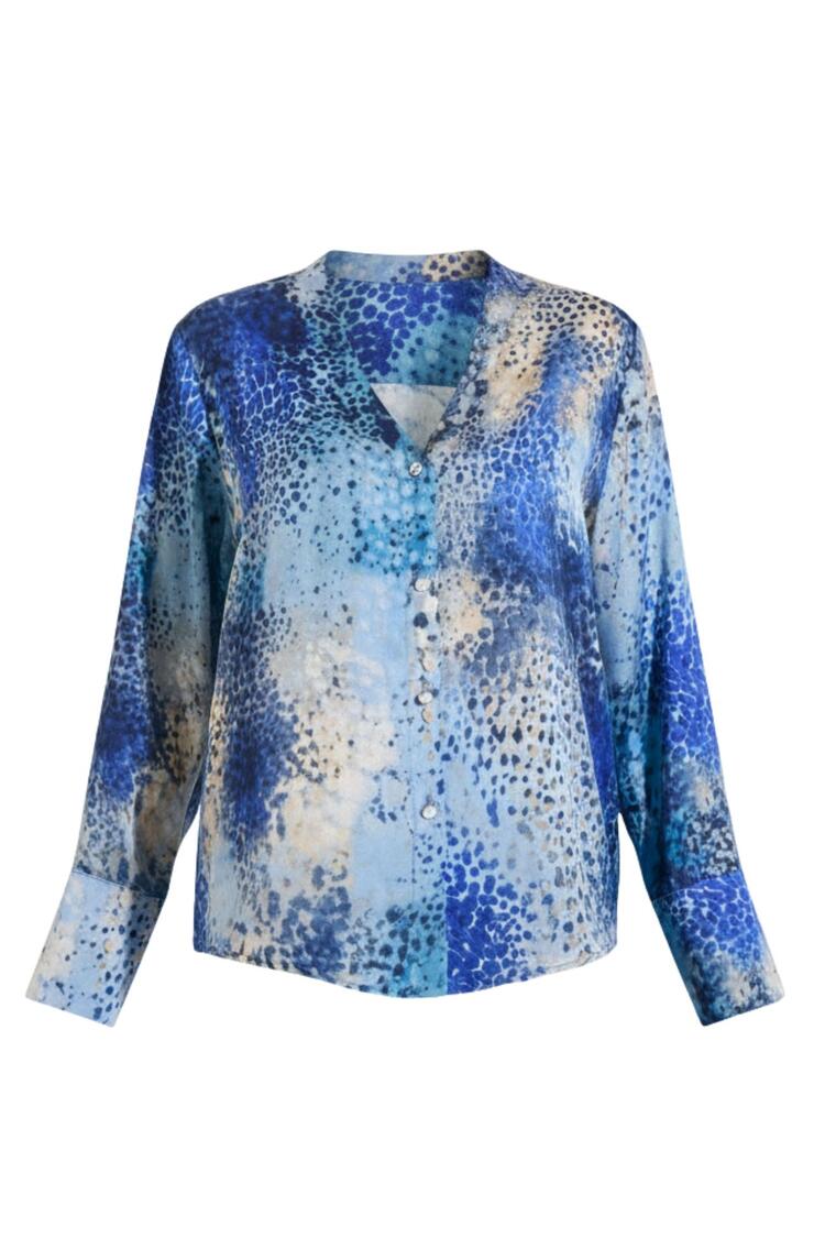 Printed shirt with V-neck, metal buttons - Blue S
